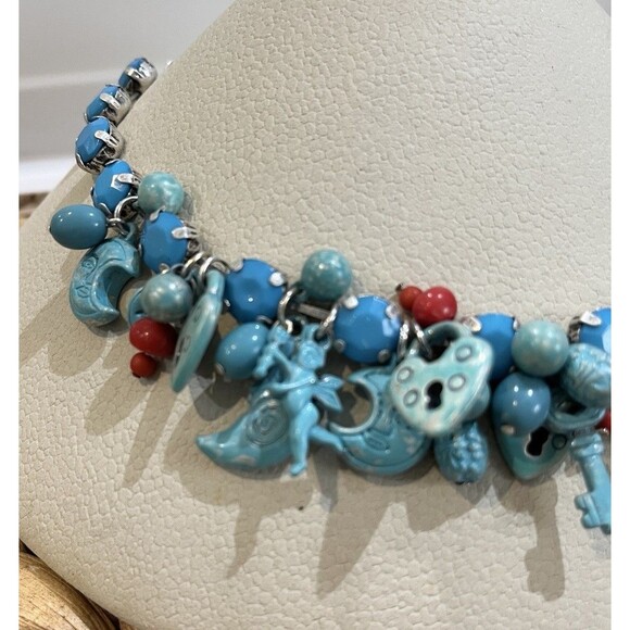Cha Cha Blue Moon Cherubs Dangle Bib Chocker Necklace Set Silver Tone Celestial - Picture 3 of 10